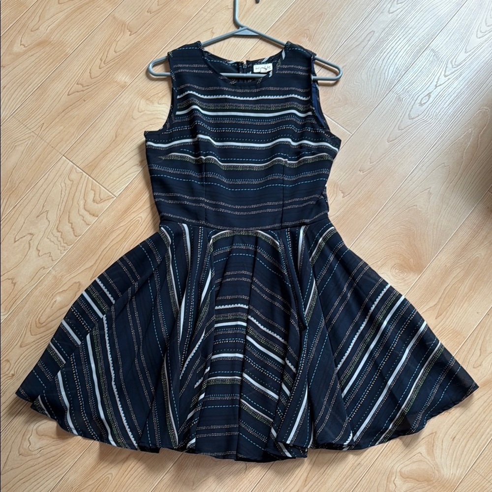 Maison Jules Navy Dotted Striped White Fit & Flare Mini Dress Sleeveless Size M